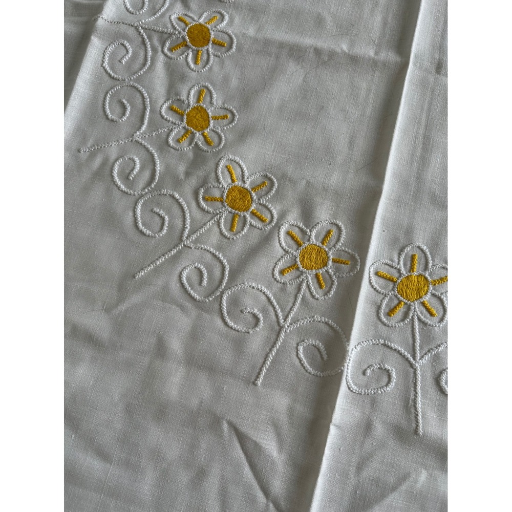 Vintage White Linen Tablecloth Yellow Daisy Hand Embroidered Floral Border